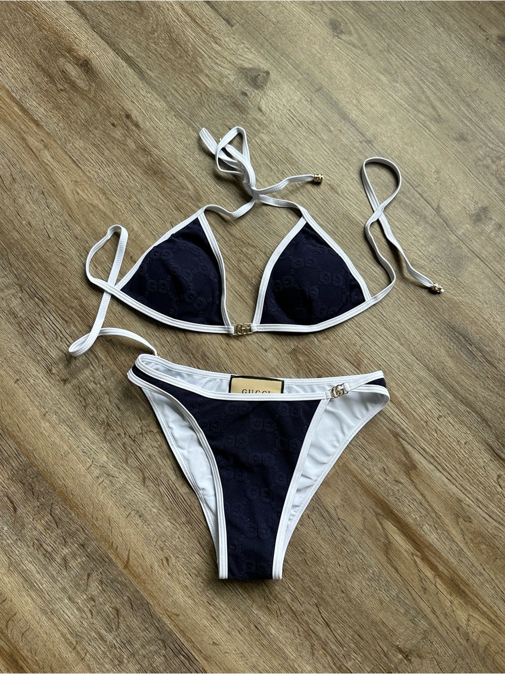 Gucci Navy and White Monogram Bikini with Gold GG Accent